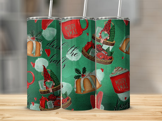 Three tumblers with Christmas gnomes, cake, and red truck patterns.