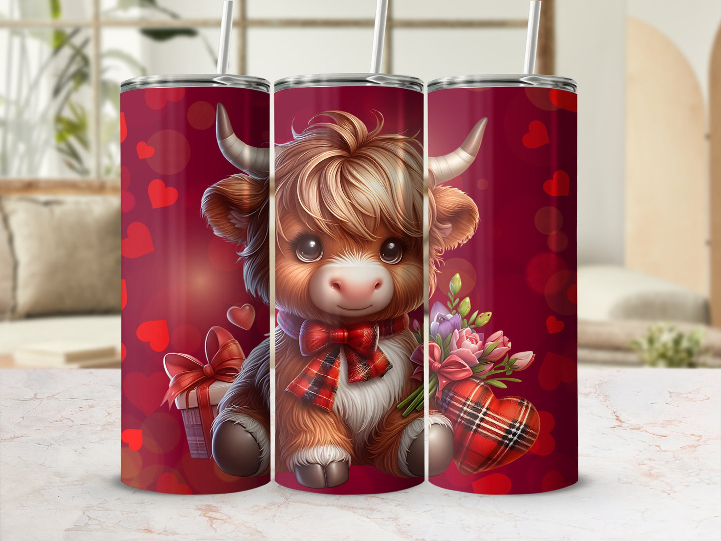 Cute Valentine Highland Cow Design Tumbler Flask