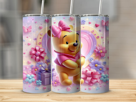 Cute Cartoon Bear with Pink Bows and Flowers Tumbler