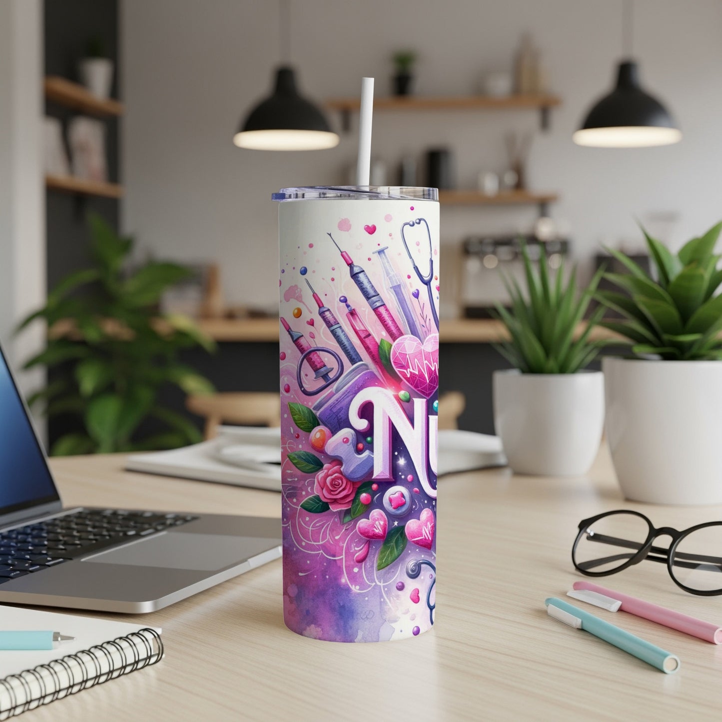 Purple and pink abstract design tumbler with stethoscope, syringe, and heart graphics.