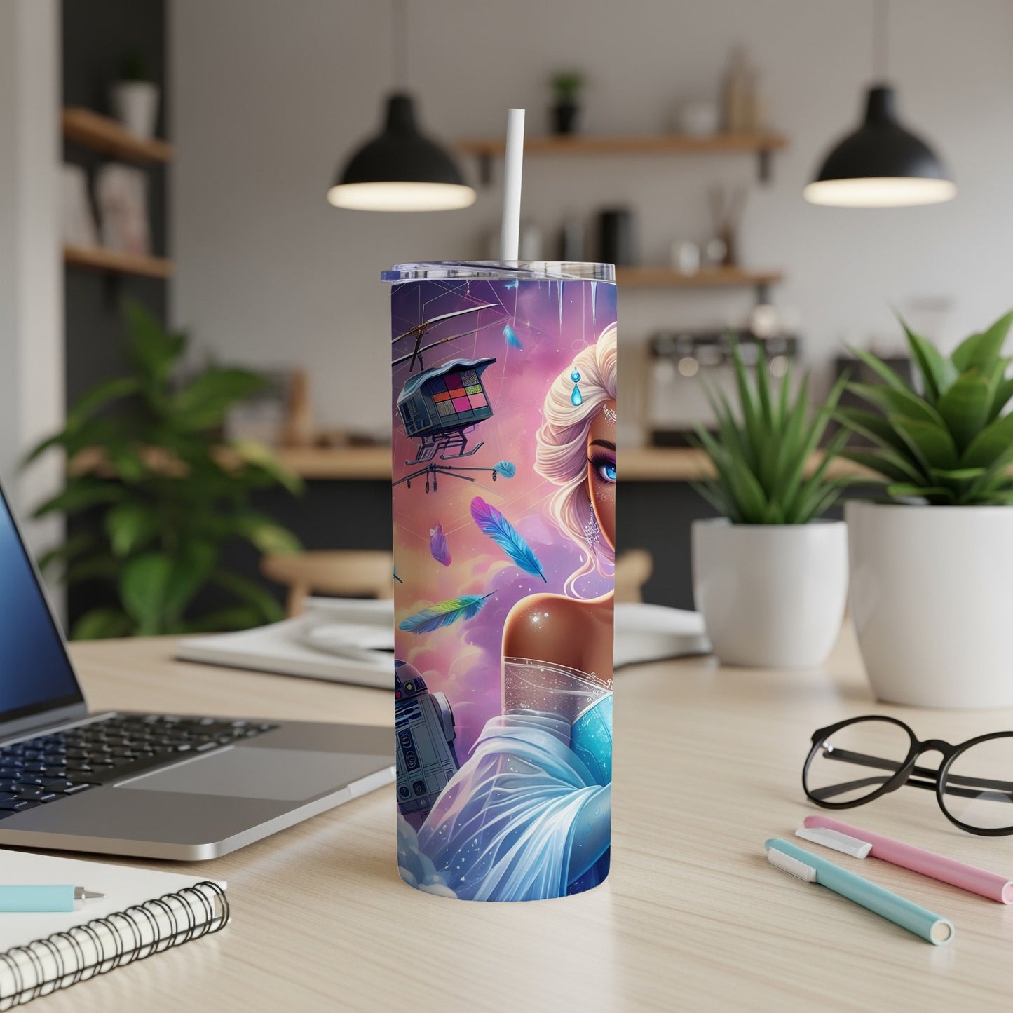 Elsa with R2-D2 and colorful feathers on a tumbler.