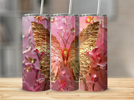 Three pink tumblers featuring a detailed gold butterfly and floral pattern.