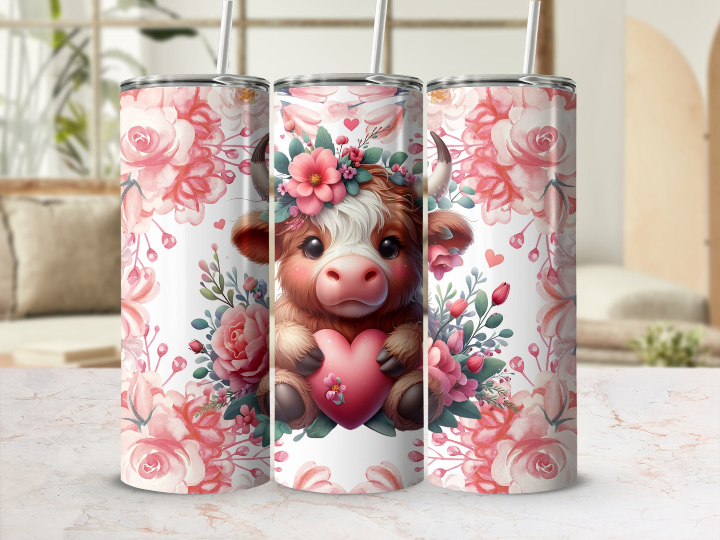 Adorable Cow With Heart and Floral Design Tumbler
