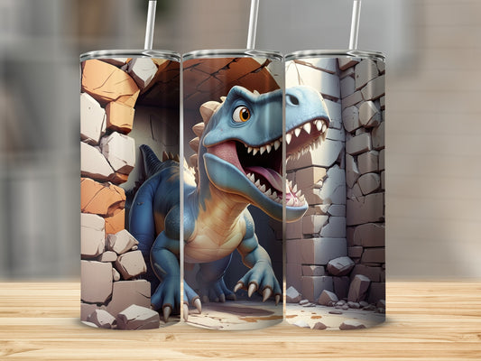 Cartoon blue dinosaur peeking through stone wall opening on a tumbler.