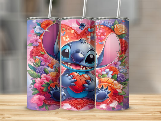 Stitch character holding heart surrounded by flowers on tumblers.