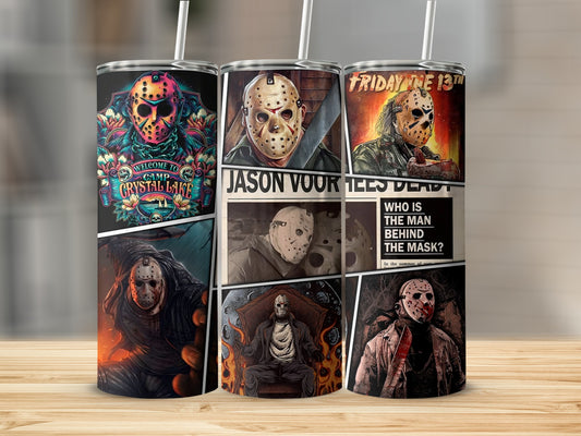 Tumbler with Friday the 13th artwork featuring Jason Voorhees and Camp Crystal Lake text.