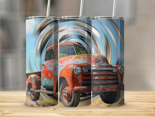 Red vintage truck with chipped paint and swirling background design.
