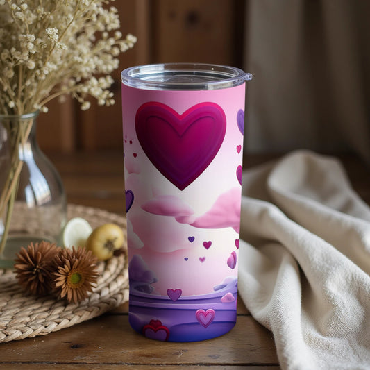 Heart-Themed Pink Gradient Tumbler with Purple Hearts