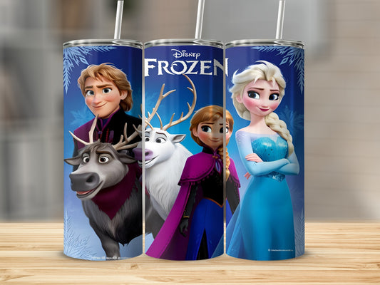 Frozen characters Elsa, Anna, Kristoff, and Sven on a blue tumbler.
