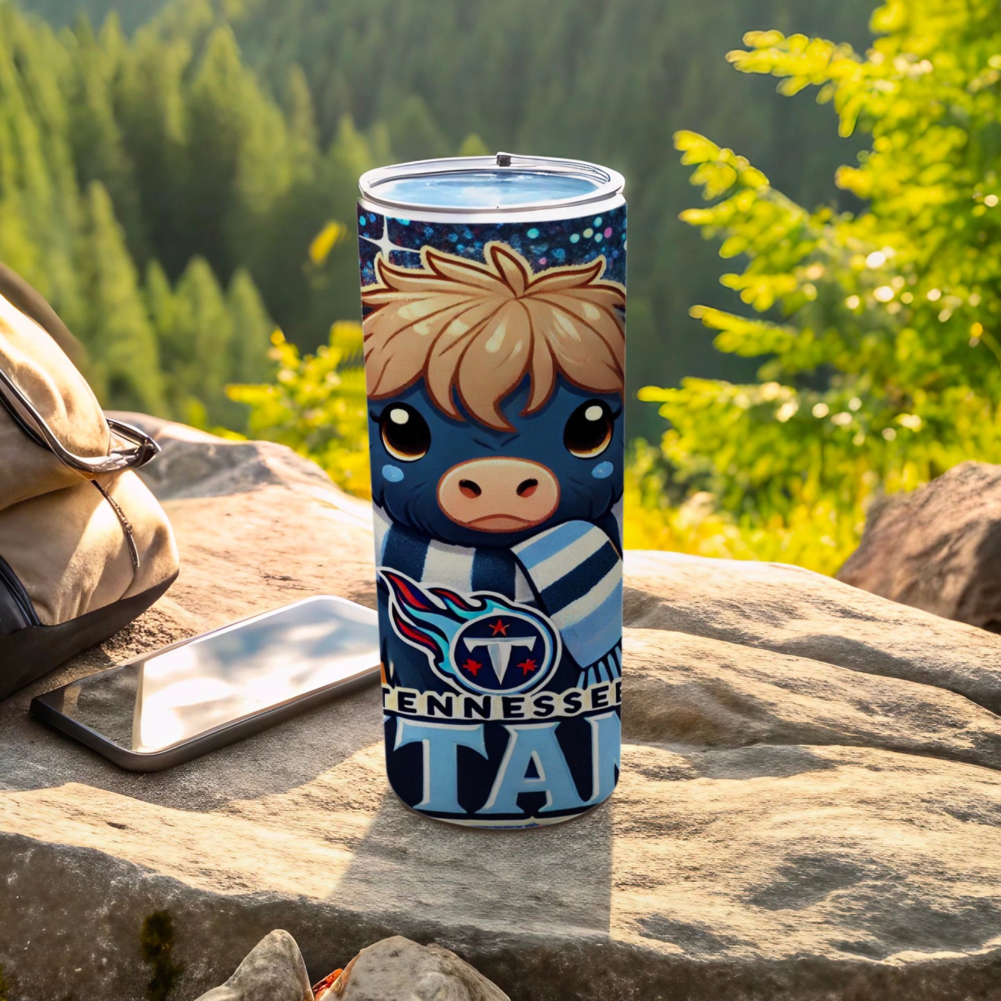 Tennessee Titans mascot tumbler with blue face and striped scarf.