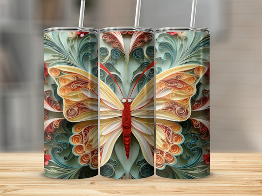 Three tumblers with intricate quilled paper butterfly designs.
