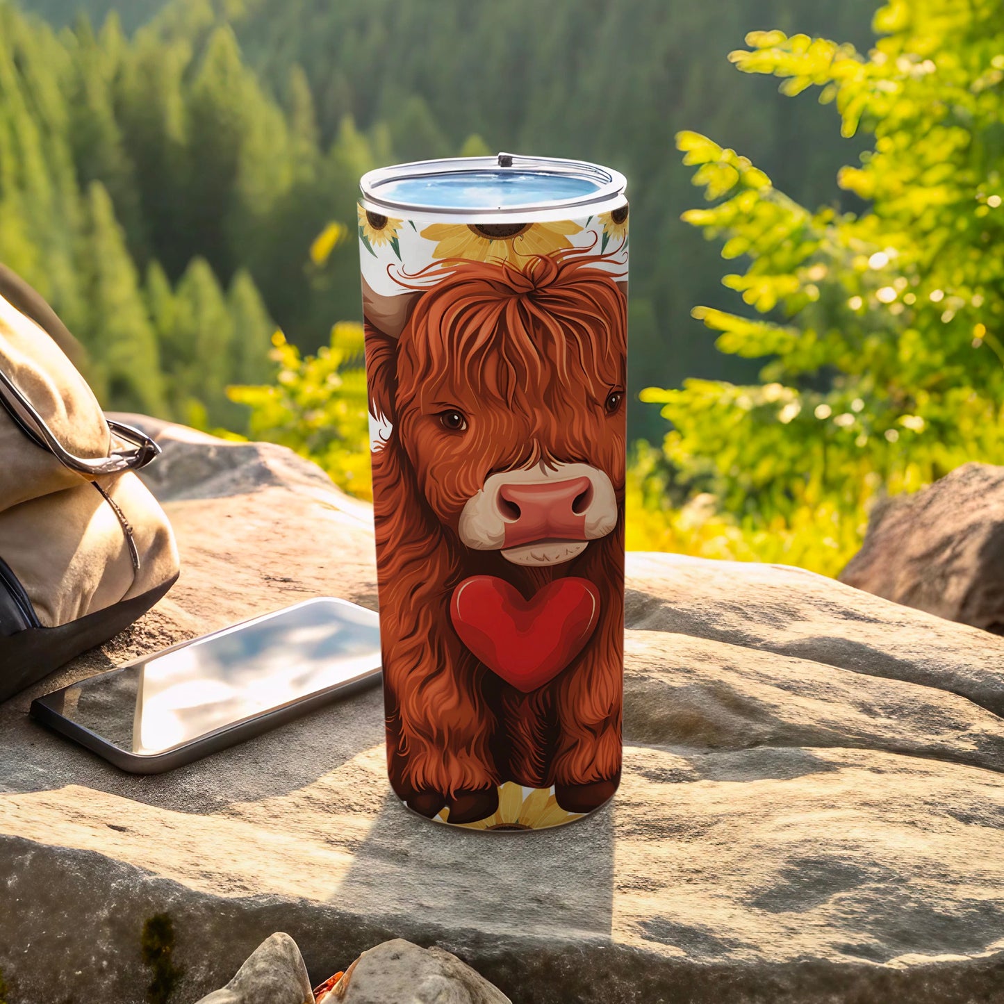 Adorable Highland Cow with Heart Travel Tumbler Cup