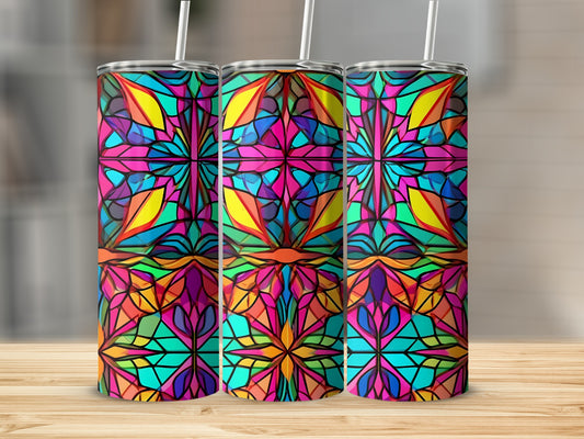 Three tall tumblers with a colorful stained glass geometric pattern.