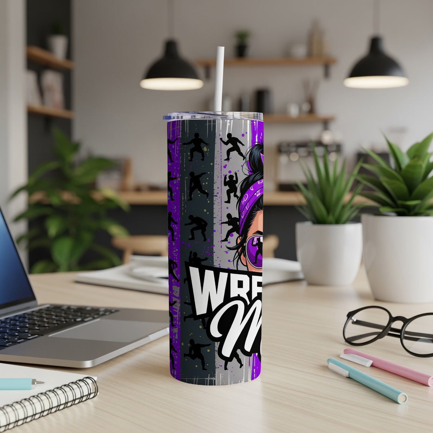 Purple tumbler with wrestling silhouettes and "Wrestling Mom" text.