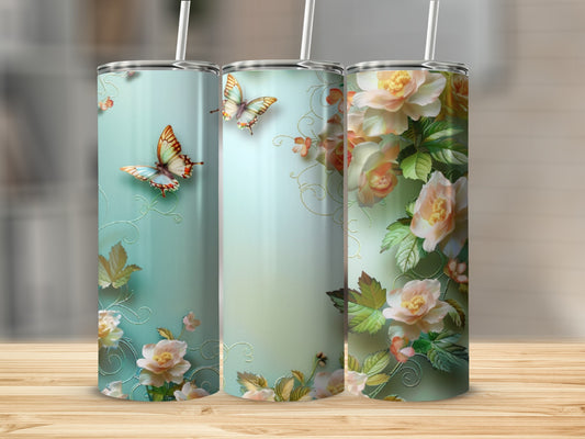 Three tumblers with floral and butterfly designs.