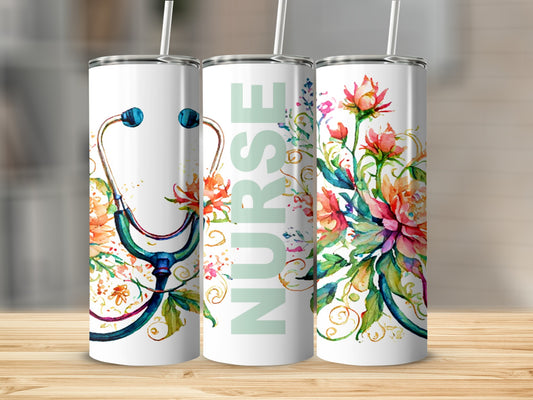 Tall tumbler with stethoscope and floral design, text "NURSE".