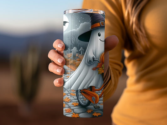 Cute Halloween Ghost on Bicycle Tumbler Product