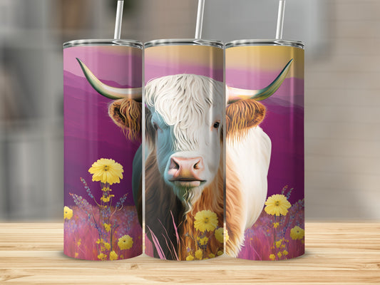 Highland cow with yellow flowers and purple background on three tumblers.