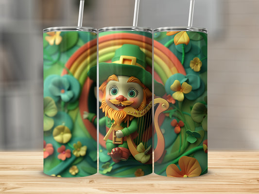 Leprechaun with harp and rainbow, surrounded by shamrocks and flowers.