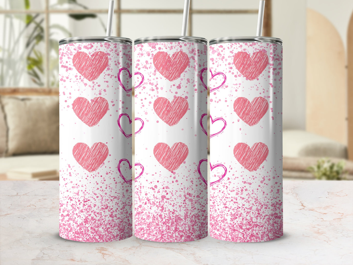 Pink Hearts Patterned Tumbler with Artistic Design