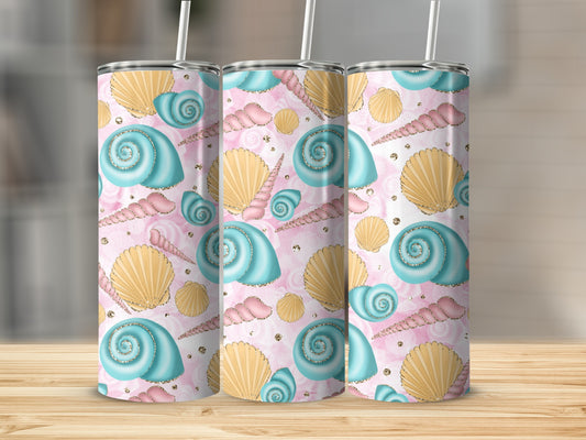 Three tumblers with a pink seashell and pearl pattern.