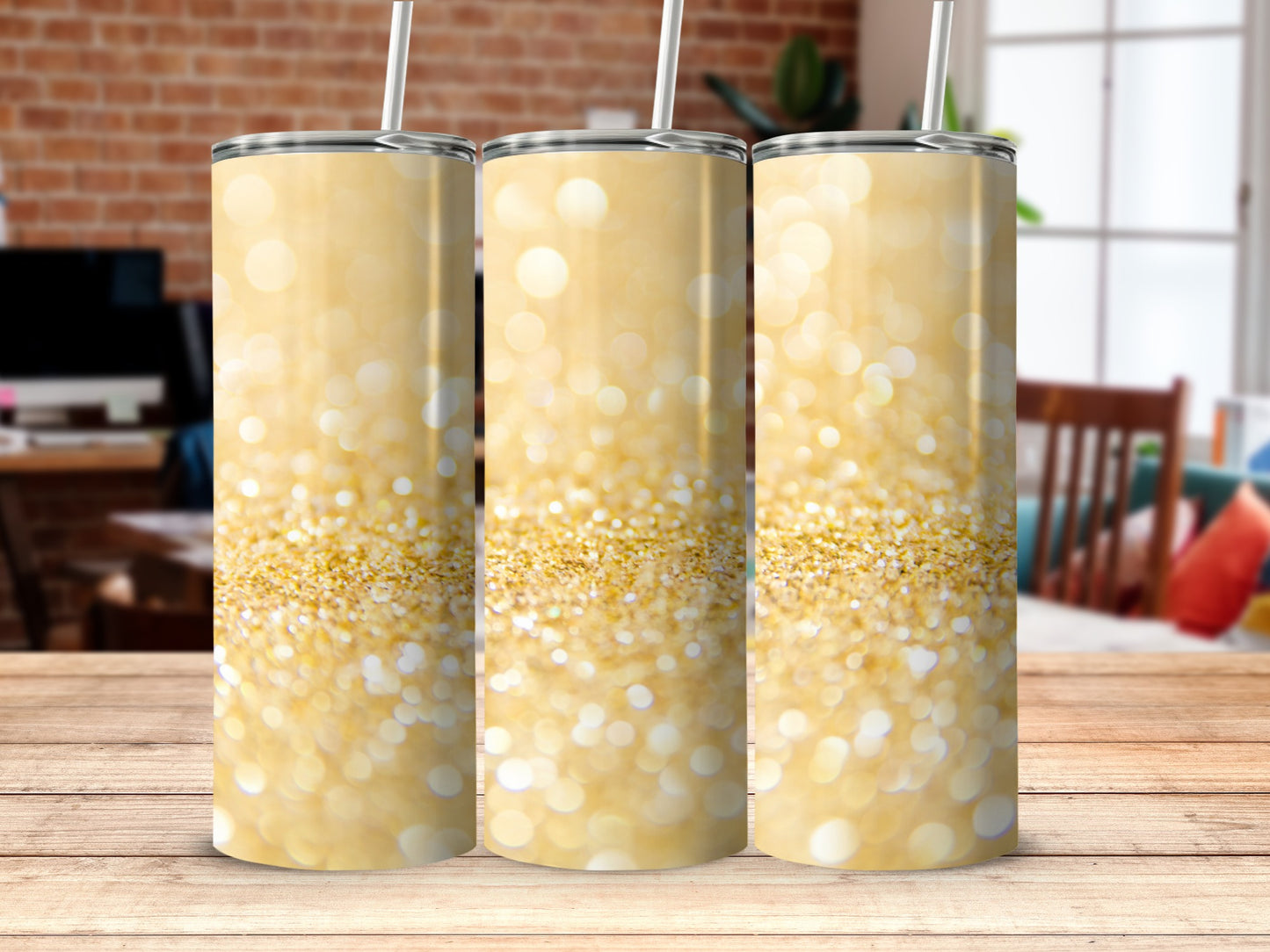 Shimmering Golden Glitter Drinkware Tumbler with Straw