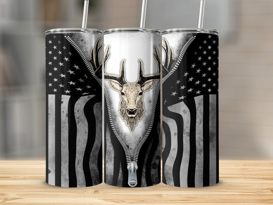 Tumbler with zipper revealing American flag and deer head design.