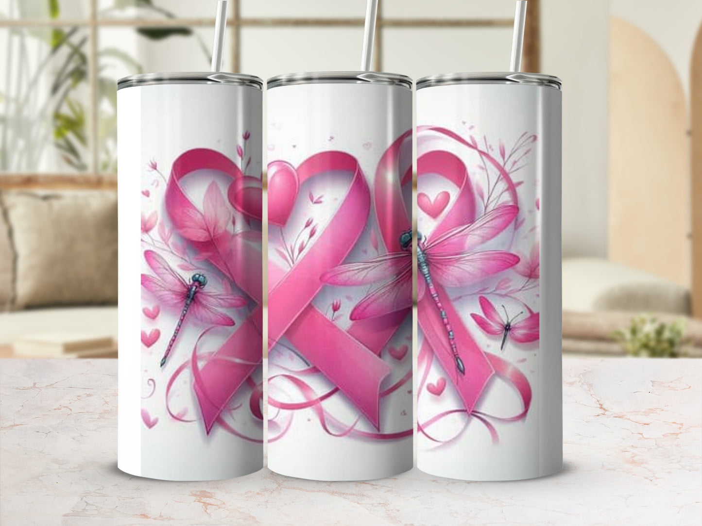 Pink Ribbon Dragonfly Heart Design Tumblers