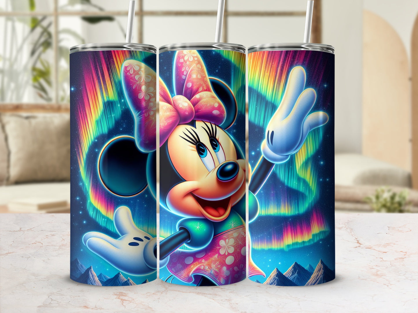 Vibrant Minnie Mouse Tumbler with Aurora Design
