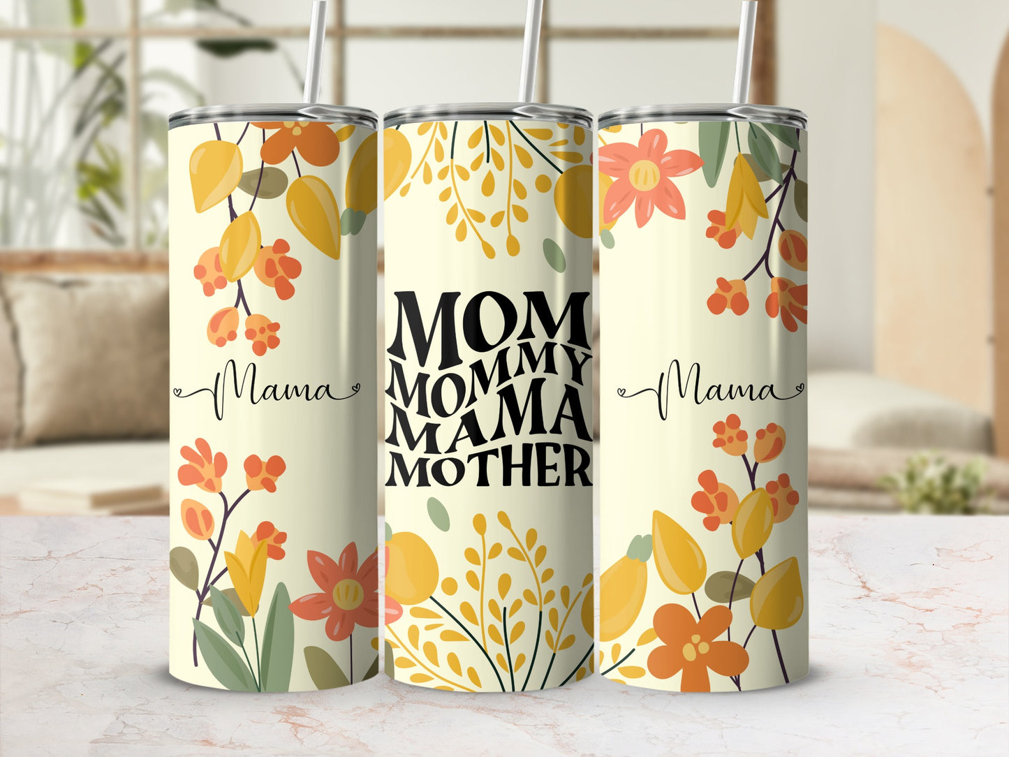 Floral and Text Design Mama Personalized Tumbler