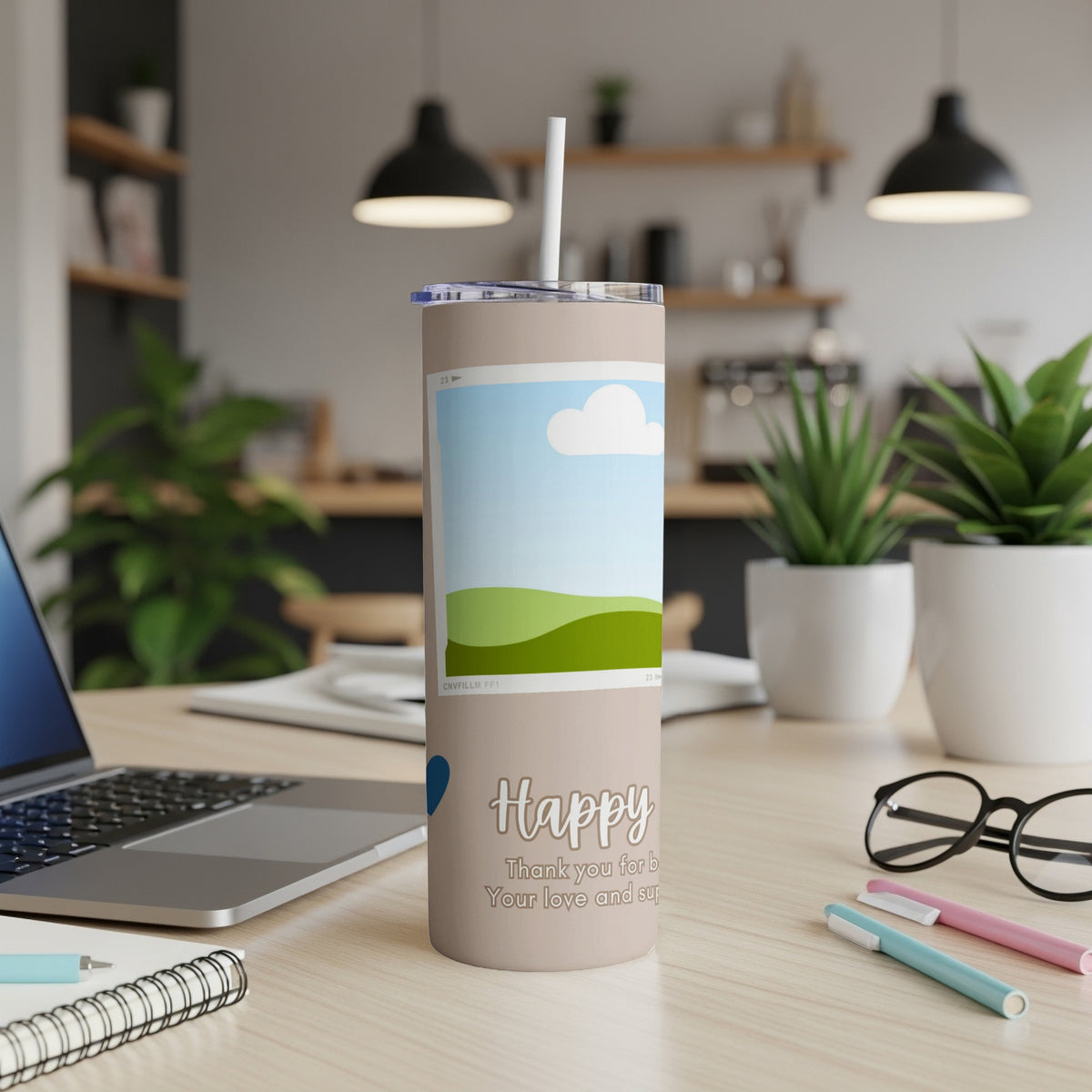 Tan tumbler with "Happy Thank you for b Your love and sup" text and photo frame.