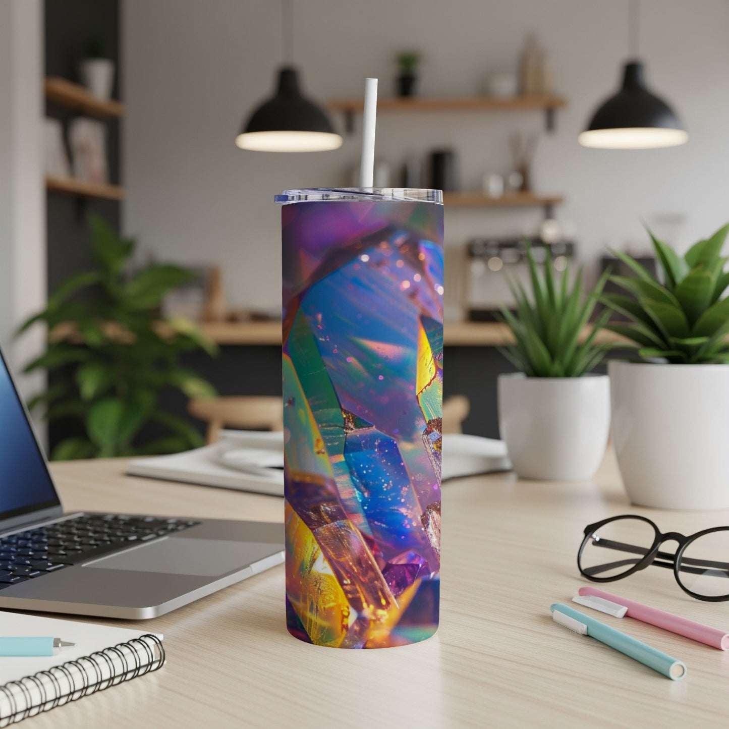 Iridescent crystal pattern tumbler with straw on a desk.