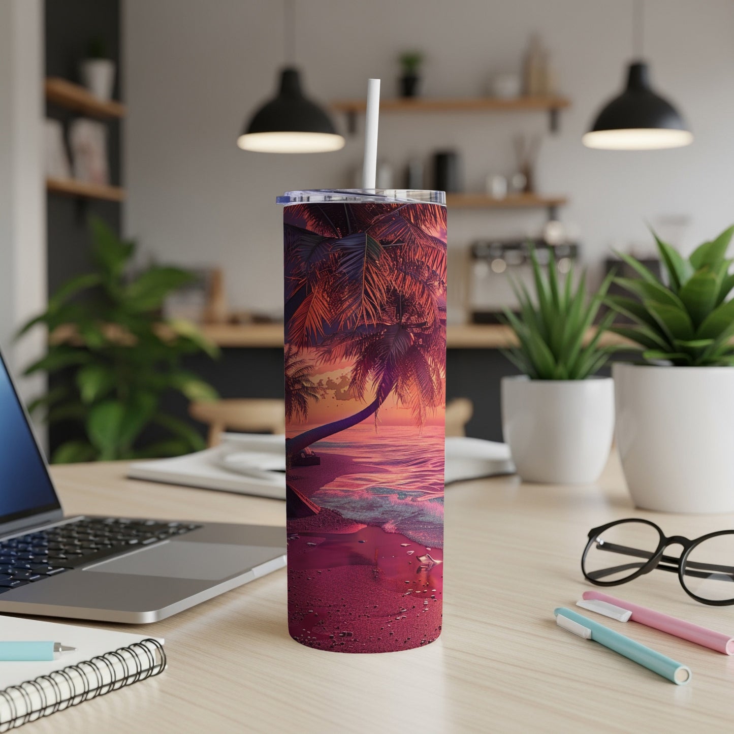 Tall tumbler with tropical sunset beach design.