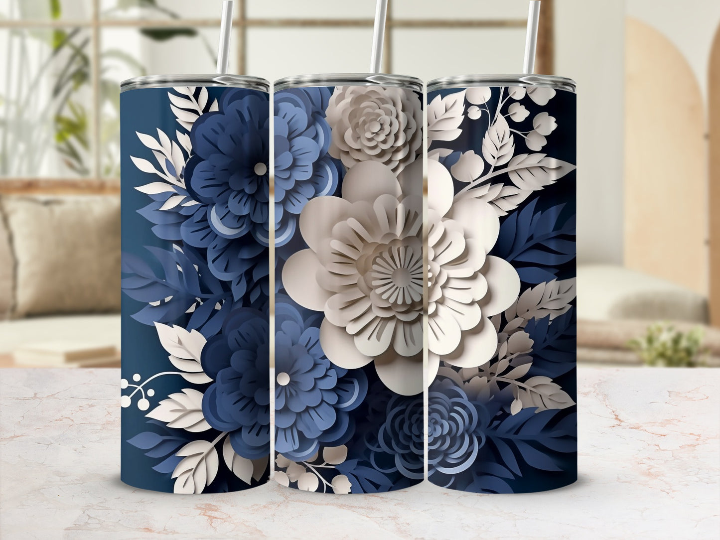 Elegant Blue and White Floral Design Tumbler Product