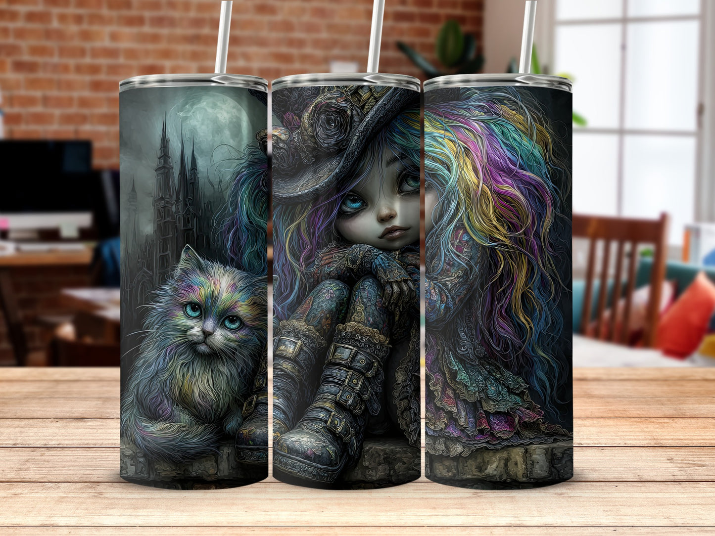 Colorful Fantasy Girl and Cat Print Tumbler Product