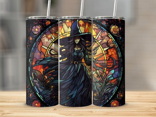 Witch with stained glass background on tumbler design.