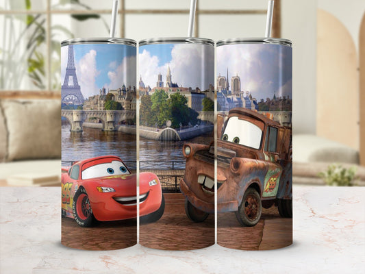 Cartoon Racing Cars and Eiffel Tower Tumbler