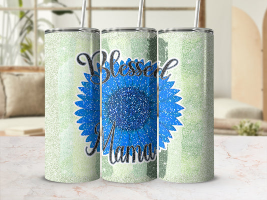 Blessed Mama Blue Sunflower Design Tumbler Cup