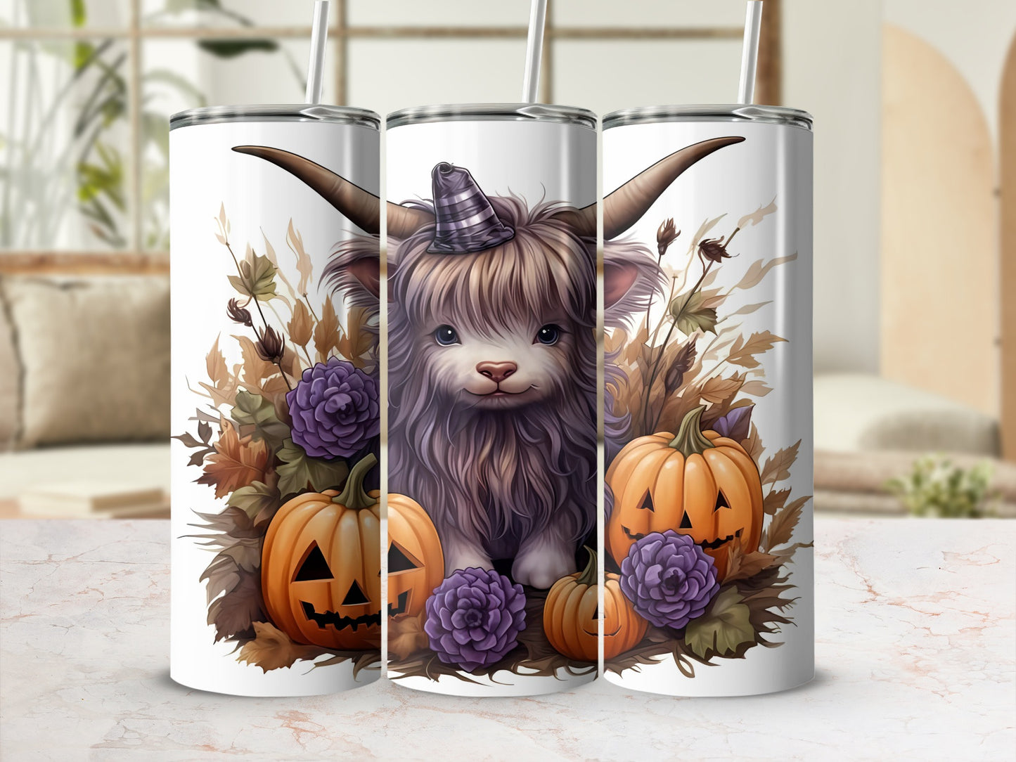 Adorable Highland Cow and Pumpkins Halloween Tumbler