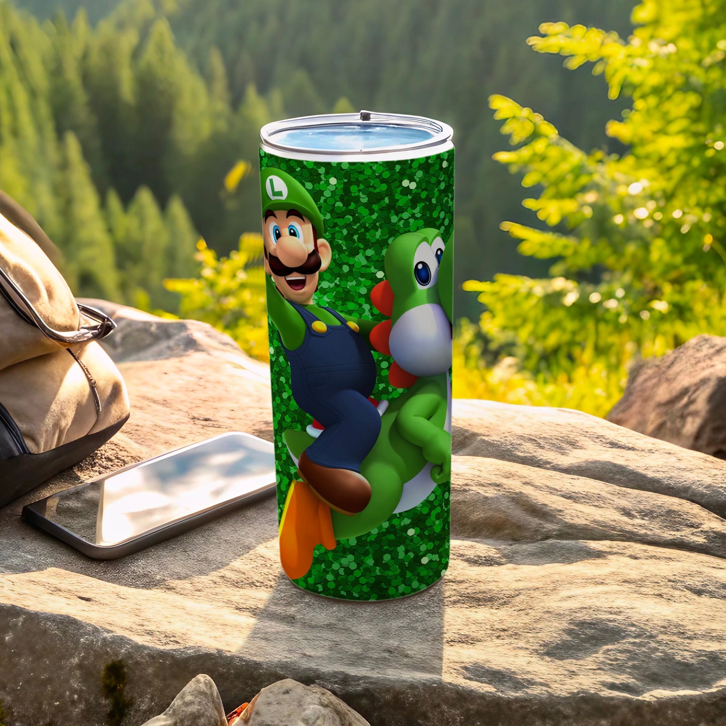 Luigi and Yoshi Green Sparkle Travel Tumbler Cup