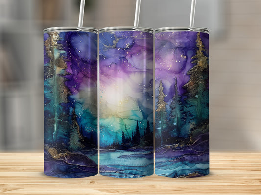 Three tumblers with a starry night forest and lake watercolor design.