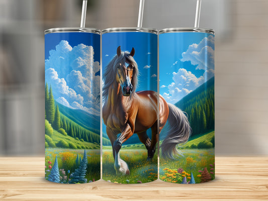 Brown horse running through a colorful meadow under a blue sky.