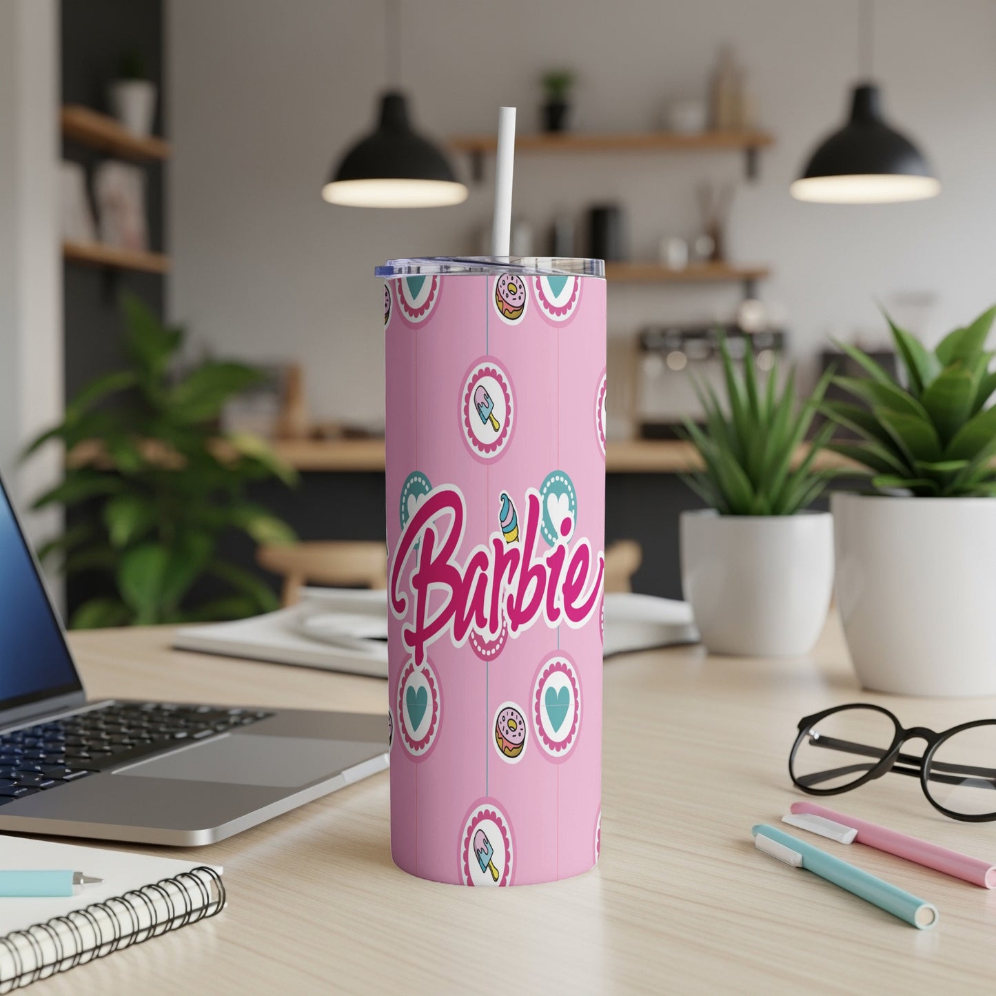 Pink Barbie tumbler with hearts, donuts, and ice cream cone graphic.