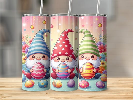 Three whimsical gnomes holding decorated Easter eggs on a pink floral background.