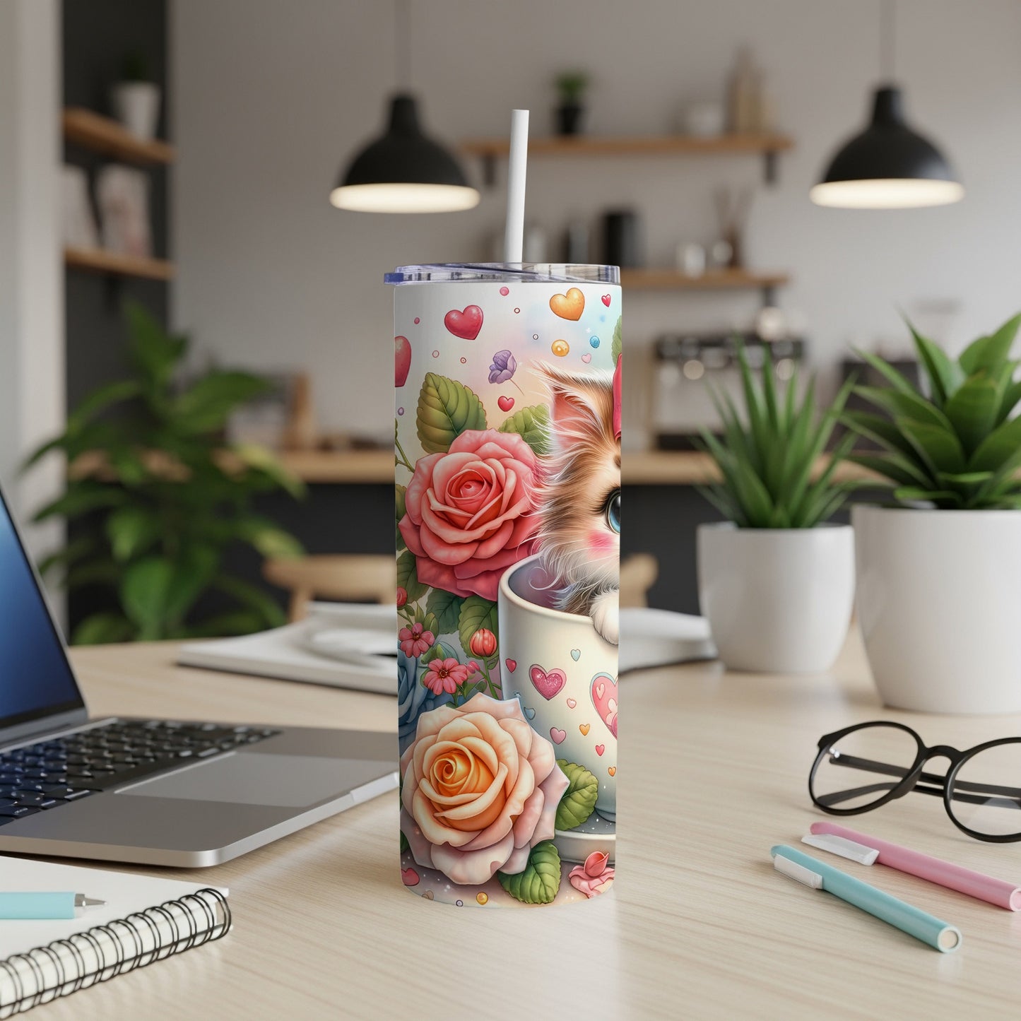 Cute cat with flowers and hearts on a white tumbler with straw.