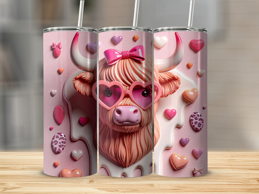 Pink Highland cow with heart sunglasses and bow on a patterned tumbler.