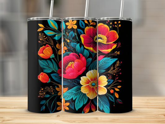 Three black tumblers decorated with a vibrant floral pattern on a wooden surface.