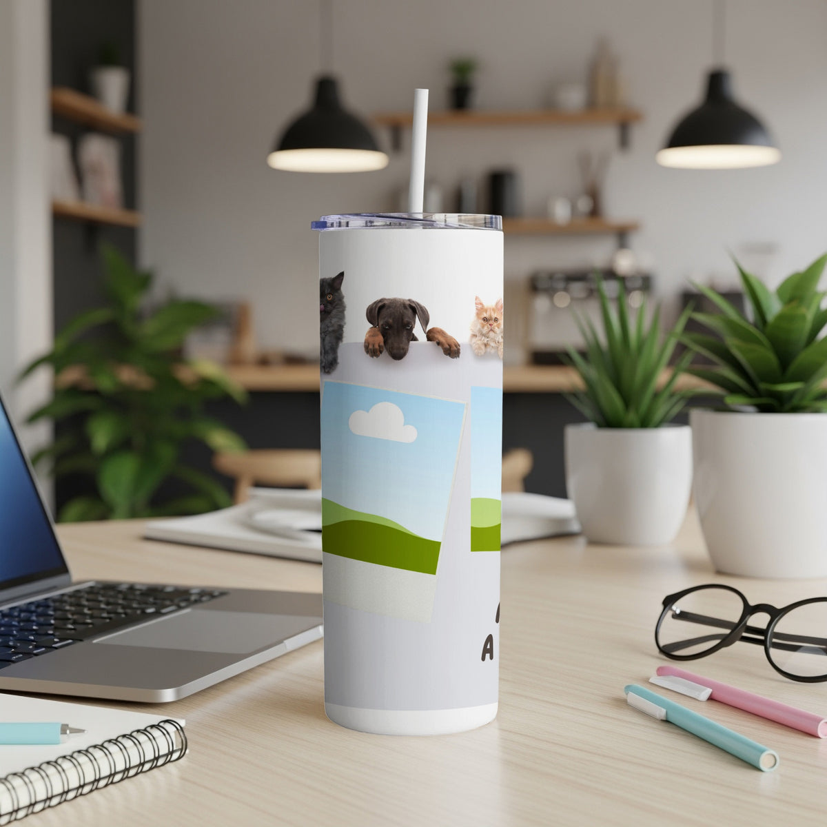 Tumbler with cat and dog prints and a landscape photo collage.