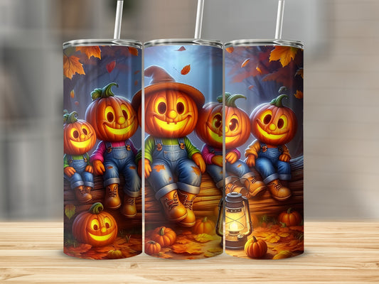 Five smiling jack-o'-lanterns in overalls sit on a log with a lantern.