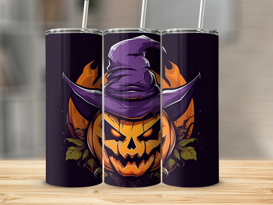 Three tumblers feature a Halloween jack-o'-lantern design with a purple witch hat.